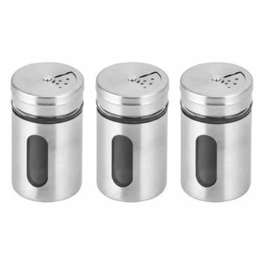 Imagem de Kit 3 Porta Temperos Inox e Vidro com Visor e Tampa Dosadora Giratória