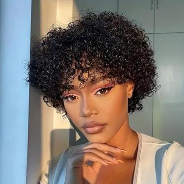 Imagem de Nuxovin Perucas de cabelo humano afro encaracolado respirável sem cola com franja cachos naturais curtos para mulheres sem renda frontal leve uso diário (preto, 15 cm)