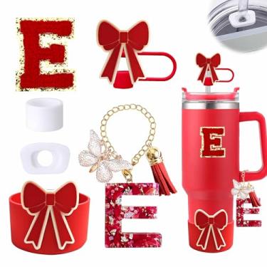 Imagem de Conjunto de 6 peças de acessórios para copo vermelho Stanley Cup 850 g 1,134 g copo com alça, incluindo tampa de cobertura de palha de silicone e bota de laço, tampa à prova de derramamento, pingente