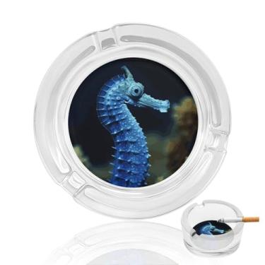Imagem de Cinzeiro de cristal de cavalo-marinho azul, cinzeiro redondo de vidro resistente para fumar cinzeiro portátil decorativo moderno para uso em casa, escritório, interior, exterior, pátio