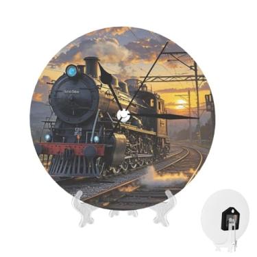 Imagem de GlbnSHeric Relógio de parede silencioso, sem tique-taque, relógio de 25 cm, trem a vapor, pôr-do-sol, relógio analógico para banheiro, decorativo, redondo, moderno, decoração de parede, relógio para
