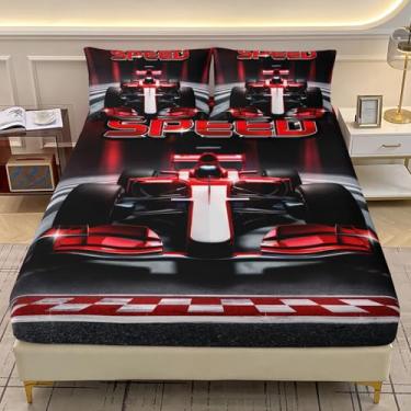 Imagem de AILONEN Jogo de lençol Queen para meninos com fórmula para esportes radicais, carro de corrida vermelho e preto, 3 peças, lençol com elástico e 2 fronhas