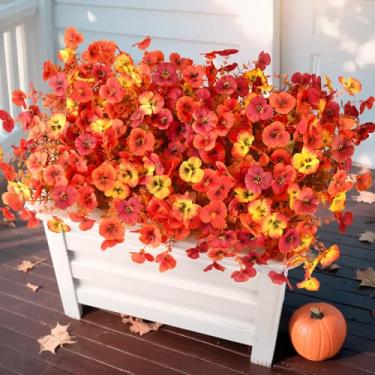 Imagem de Flores artificiais de outono para atividades ao ar livre, 12 pacotes de flores falsas de amor-perfeito para decoração de outono, resistente a UV, sem desbotamento, flor de seda para varanda, pátio