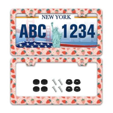 Imagem de 2 peças moldura de placa de licença de morango fruta aço inoxidável moldura de placa de carro decoração de peças automotivas com parafusos 2 furos suporte para placa de licença para homens e mulheres
