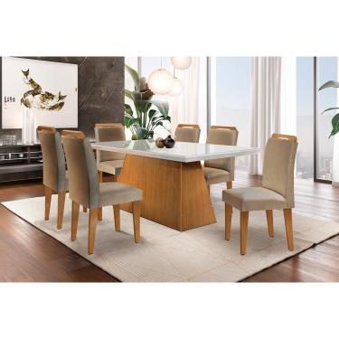 Imagem de Sala de Jantar Completa Luna c/ Tampo Madeirado c/ Vidro Canto Reto 180cm e 6 Cadeiras Athenas Capuccino/Linho Bege Turim - Rufato
