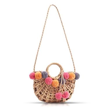 Imagem de Bolsas transversais para mulheres, bolsa de palha, bola de cabelo colorida, bolsa de praia tecida à mão, bolsa de palha adequada para piquenique, viagens, combinação diária