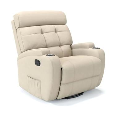 Imagem de Poltrona do papai Reclinável Manual Com base Giratória e Balanço em Couro Bovino (Bege)