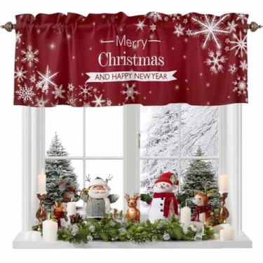Imagem de Cortinas de Natal para janela de cozinha, 137 x 45 cm, floco de neve de Natal, inverno, vintage, vermelho, bolso para varão, pequena cortina para sala de estar, letras vintage, sanefas para janelas