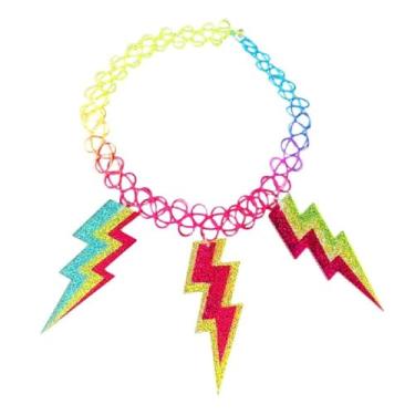 Imagem de Kysin Chiys Acessórios de fantasia dos anos 80 e 90, gargantilha neon para colares de festa brilhantes com fita de relâmpago, joias neon para mulheres, decorações de festa dos anos 80, lembrancinhas