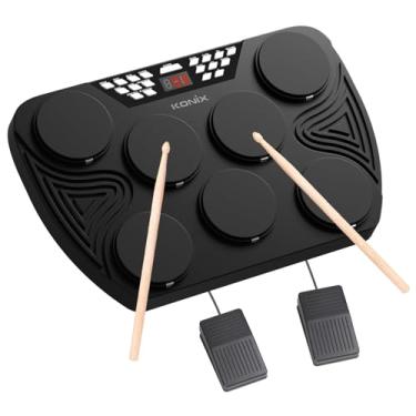 Imagem de KONIX Conjunto de bateria eletrônica de mesa, kit de bateria elétrica portátil com 7 almofadas de bateria de sensibilidade à velocidade, luz de bateria LED, suporte USB-MIDI Mac e PC, presente ideal