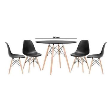 Imagem de Jogo De Mesa 4 Cadeiras Pretas Eames Eiffel 90Cm Base Madeir