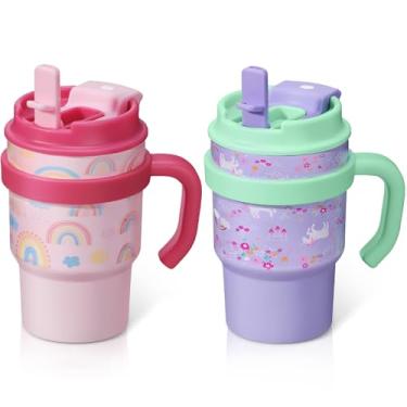 Imagem de Copo infantil isolado de 382 g com canudo, pacote com 2 garrafas de água isoladas de aço inoxidável com parede dupla copo a vácuo com tampas 2 em 1, garrafa de água à prova de vazamento para escola