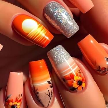 Imagem de Unhas postiças médias com desenhos de glitter de flores para o verão, cola brilhante nas unhas, laranja, acrílico, gradiente, unhas postiças artificiais, 24 peças