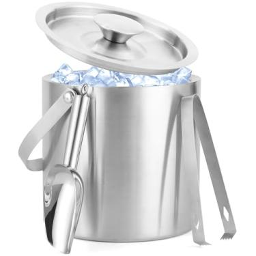 Imagem de Balde de gelo de aço inoxidável 3L – refrigerador isolado de parede dupla mantém o gelo congelado por mais tempo para vinho, champanhe e cerveja, inclui tampa, alça, pinça e colher