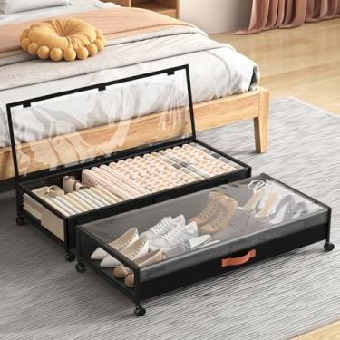 Imagem de Armazenamento sob a cama com rodas, 3GG recipientes maiores de armazenamento sob a cama com tampas transparentes, 91 cm de comprimento sob a cama, organizador de sapatos com rodinhas para roupas