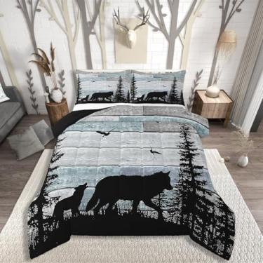 Imagem de Erosebridal Conjunto de cama King com estampa de lobo, casa de fazenda ocidental, cabana do oeste, para crianças, meninos, colcha de animais de caça, azul e cinza, 3 peças