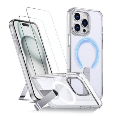 Imagem de Capa para iPhone 15 Pro Max Capinha - Compatível com MagSafe, com protetor de ecrã temperado de 2 peças, estojo ultrafino resistente a choques e quedas com suporte ajustável - Transparente