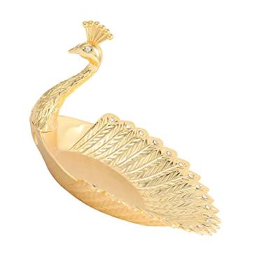 Imagem de Bandeja de frutas Chave Prato de doces de metal Prato de frutas de metal Servidor de lanche Bandeja de servir decorativa Bandeja de servir biscoitos Pavão Prato de frutas Decoração dourada Perfume Jói