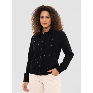 Imagem de Jaqueta Maxxi Oversized Feminina Jeans Preto com Decoração de Ilhos - 