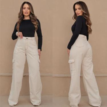 Imagem de Calça Cargo Jeans Feminina Off White com Bolsos Laterais Casual e Esti