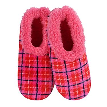 Imagem de Snoozies Meias femininas – xadrez de veludo – Chinelos femininos – Chinelos de casa para mulheres, Rosa choque, Medium