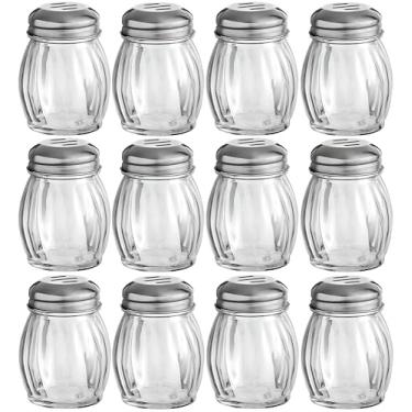 Imagem de OCS Parts Agitadores de vidro de 8,5 cm com tampas cromadas | Pacote com 12 | Coqueteleira de queijo ralado, pimenta e pimenta vermelha para cozinhas domésticas, delicatessens, restaurantes e