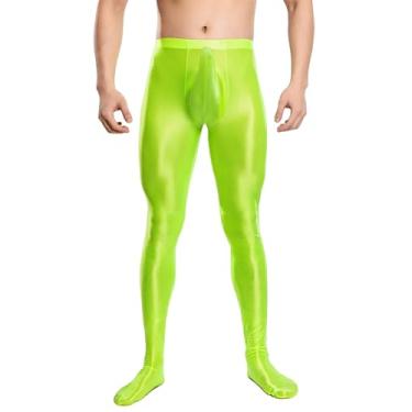 Imagem de SEAUR Calça legging masculina brilhante sem virilha oleosa com pés com suporte e bolsa elástica, Verde, G
