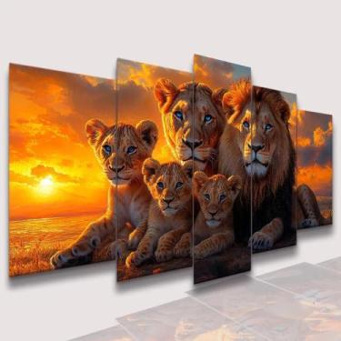 Imagem de Kit 5 Peças Quadros Decorativos Leoa Leão 3 Filhotes Família Colorido 