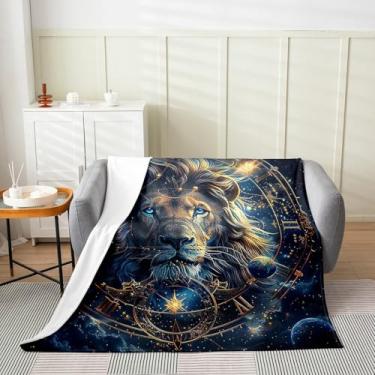 Imagem de Cobertor de flanela de leão para crianças, Leão Constelações Astrologia Zodíaco Dourado Glitter Cobertor de Lã para Sofá de Quarto, Animal Selvagem Azul Estrelado Galáxia Cobertor para Bebê (76 x 101