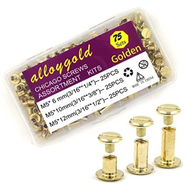 Imagem de Alloygold 75 conjuntos de parafusos dourados Chicago Kit sortido de 3 tamanhos de parafuso de cabeça plana redonda rebite de pregos botão Chicago DIY couro decoração encadernação (M5*6,10,12)