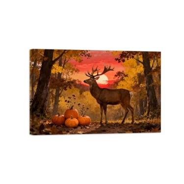 Imagem de Quadro parede outono-Árvore abóbora sol veado Impressões em tela paisagens-Pintura animais para decoração sala estar 20x30cm Tela Embrulhada