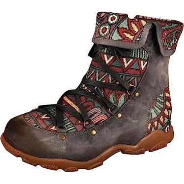 Imagem de Botas femininas ocidentais, botas femininas de salto baixo com cadarço e cano baixo, botas de cano baixo, botas de cano curto para neve, Cinza, 6.5