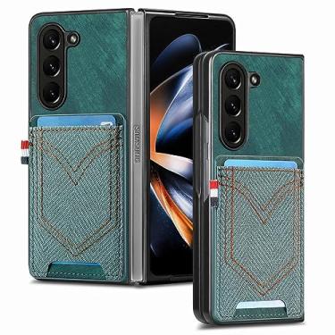 Imagem de Capas de telefone para Samsung Galaxy Z Fold 5 Retro Denim Pattern Titular de cartão PU Tampa traseira do carro, verde, para Galaxy Z Fold 4