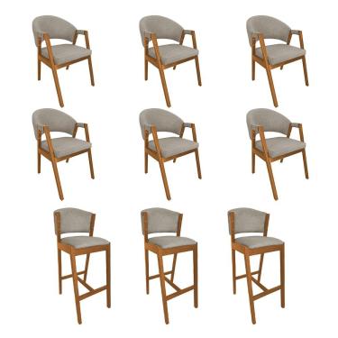 Imagem de Kit 6 Cadeiras De Jantar Helen Madeira Maciça Com 3 Banquetas Ana Cerejeira Premium Linho Bege