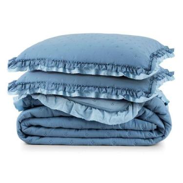 Imagem de Cobre Leito King Micropercal 200 Fios Com Babado Malvinni Azul - 3 Peç