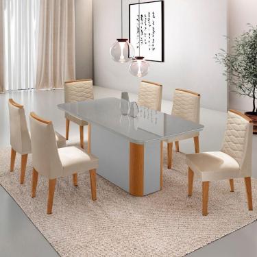 Imagem de Mesa De Jantar Isadora 180cm Tampo Mdf Vidro Com 6 Cadeiras Veludo Creme Off White Naturale Serigrafia