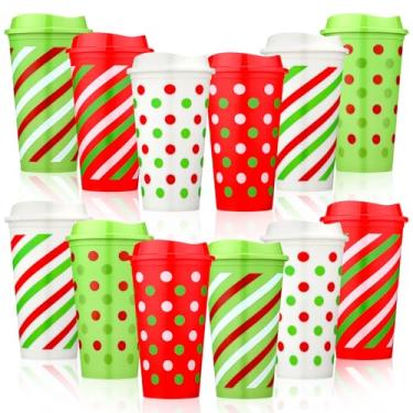 Imagem de Vesici 12 conjuntos de xícaras de café reutilizáveis de Natal com tampas copos de plástico de 473 ml, suprimentos de festa de Natal, vermelho e verde, canecas de café listradas, presentes de