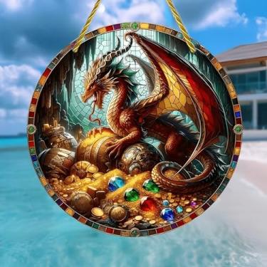 Imagem de Acrílico colorido Suncatcher, vitral, dragão, guardando, tesouro, 18 cm, decoração de parede para janela suspensa com design de vitral impresso, ideia de presente e ornamento de jardim, uso interno e