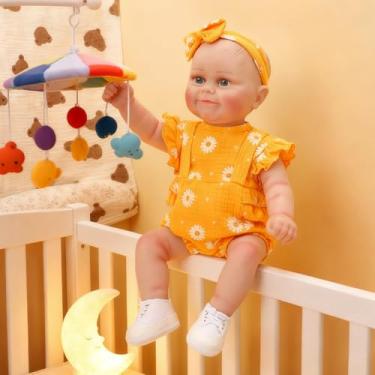 Imagem de Boneca Bebe Reborn Menina de Silicone Realista Pintado Presente da Menina Pode dar Banho (Vestido Amarelo 48cm)