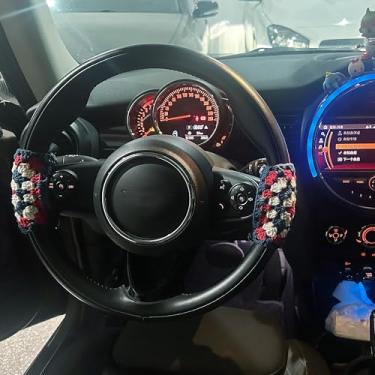 Imagem de Capa de volante universal de fio de crochê artesanal, padrões patrióticos vermelhos, brancos e azuis, acessórios universais para carros, embalagem decorativa de tricô de lã (vermelho, branco e azul)