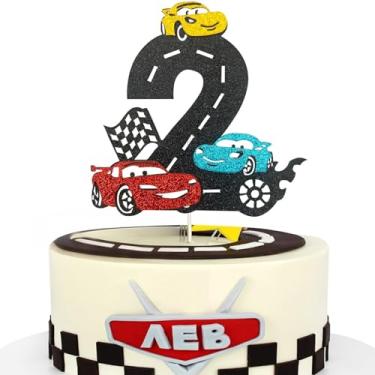 Imagem de MEMOVAN Two Fast Cake Topper Race Car Birthday Cake Topper Decoration for Racing Car Checkered Flag Themed Girl Boy 3 Years Birthday Party Decoration