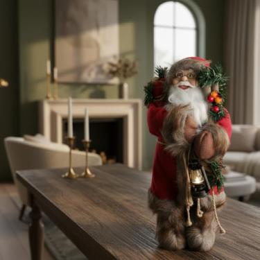 Imagem de Papai Noel Luxuoso Tradicional, Decoração Natalina, Branco e Dourado, 30cm, Tecido e Pelúcia, com Guirlanda e Lanterna, Coleção Premium