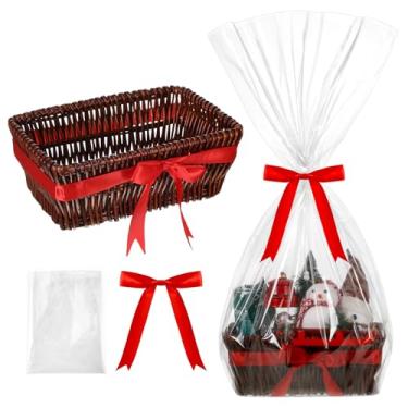 Imagem de Threehoney Cesta de vime vazia de 30,5 x 17,7 x 12,7 cm para presentes com saco e fita de laço, cestas vazias para encher para presente de Natal, chá de bebê, aniversário, casamento, embrulho