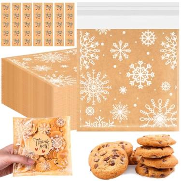 Imagem de Fuyoooo 50 sacos de biscoito de Natal, floco de neve, inverno, celofane, saco pequeno de plástico autoadesivo com adesivos de agradecimento para presente de Natal, padaria de férias (14 x 14 cm)