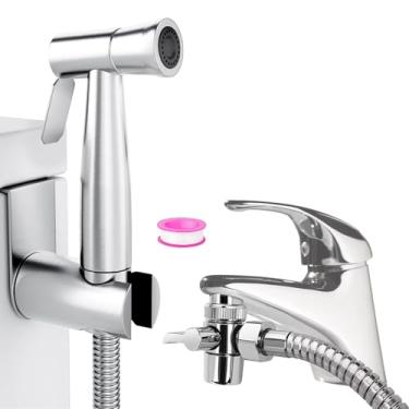 Imagem de Chuveiro de mão de aço inoxidável bidê, pulverizador de vaso sanitário chuveiro de aço inoxidável e kit de spray de fraldas de pano de bebê - com dispensador de torneira, mangueira e gancho para vaso
