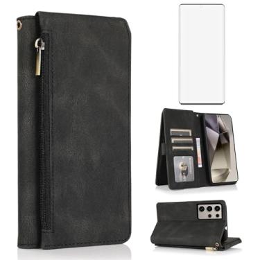 Imagem de Capa carteira compatível com Samsung Galaxy S24 Ultra 5G, protetor de tela de vidro temperado e zíper retrô de couro, suporte para cartão, acessórios para celular para S24Ultra 24S S 24 24Ultra Preto