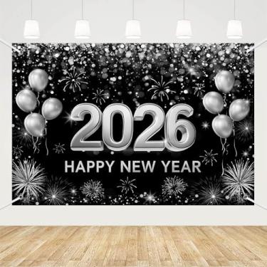 Imagem de MEHOFOND 2,1 x 1,5 m preto e prata 2026 pano de fundo feliz ano novo Olá 2026 festa de ano novo fotografia balão fogos de artifício glitter pontos torcidos para 2026 decoração banner cabine de fotos