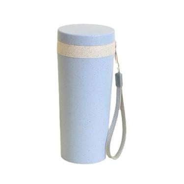 Imagem de Garrafa de água com isolamento de palha de trigo azul de 300 ml, caneca de viagem de camada dupla, copo portátil ecológico para uso externo e escolar