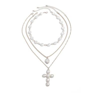 Imagem de Colar de cruz de pérola grande para mulheres, corrente grossa de prata dourada com pingente de cruz empilhada em camadas de pérolas, colares punk de declaração, joias de festa, presente, normal, Metal