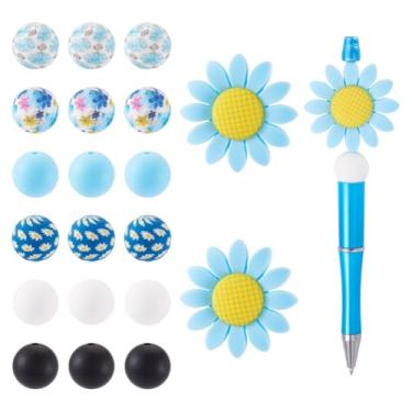Imagem de Beadthoven 23 peças contas focais de silicone de girassol para caneta, contas espaçadoras redondas de borracha de 15 mm para pulseira faça você mesmo, colar, brinco, chaveiro, fabricação de joias